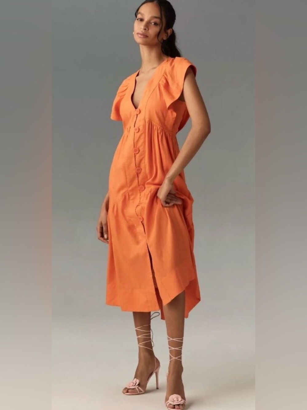 NWT Anthropologie Reneé Flutter-Sleeve Button-Front Linen Midi Dress Orange XS